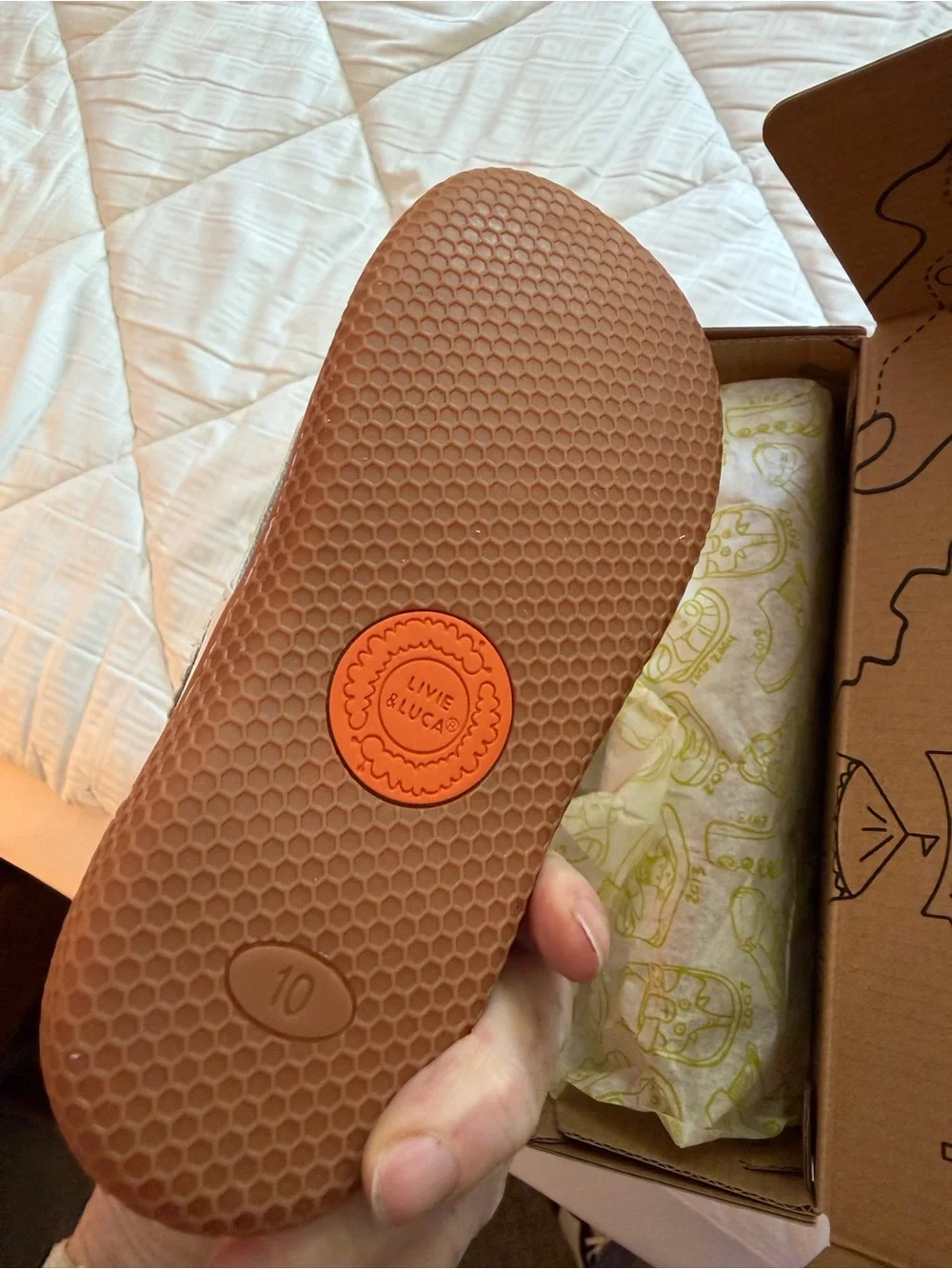 Livie & Luca White Pearl Ruche Classic Espadrille Box Label